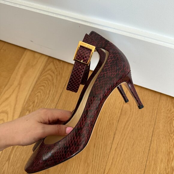 Jimmy Choo Helena 65 Pumps Buckle Ankle Strap Snakeskin Burgundy Size 40 - Picture 9 of 13